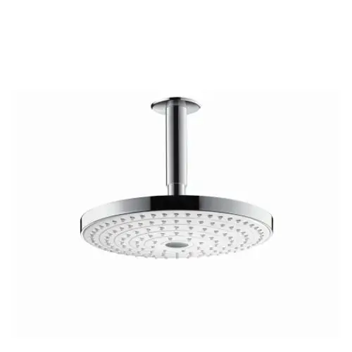 Hängende Kopfbrause von Hansgrohe mit flacher, runder Brausefläche und Deckenanschluss in Weiß und Chrom. Brausekopf mit vielen kleinen Düsen für einen gleichmäßigen Wasserfluss.